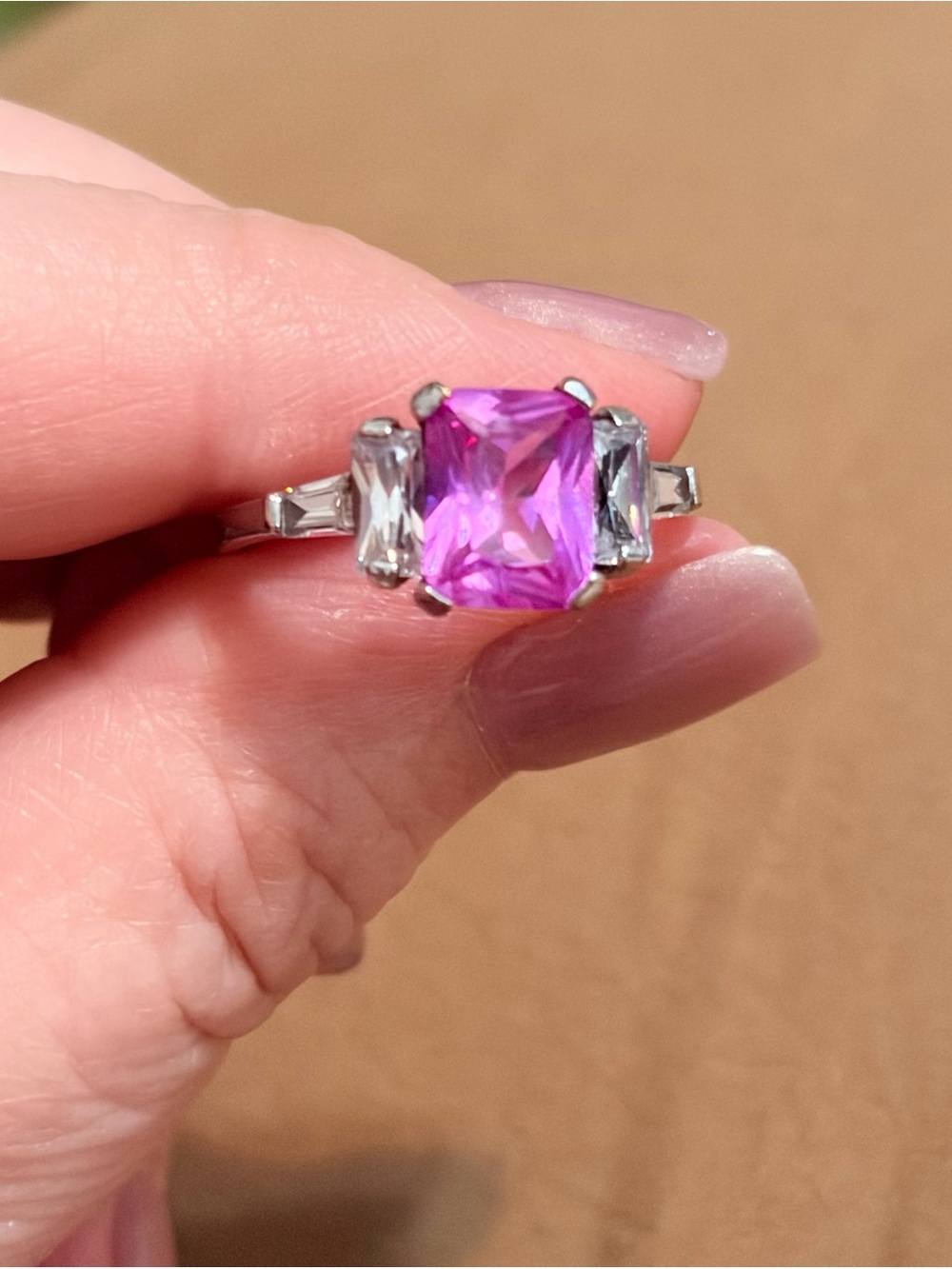 Silver Tone Ring with Pink Cushion-Cut Center Stone
